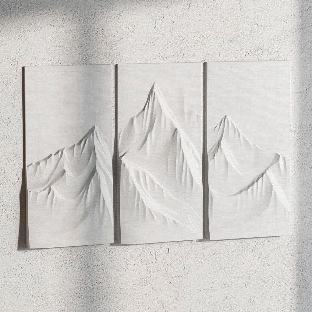 Minimalist Mountain Wall Art Triptych – “Whispers of the Peaks” Textured Neutral Canvas, Modern 3-Panel Landscape for Home or Office Decor