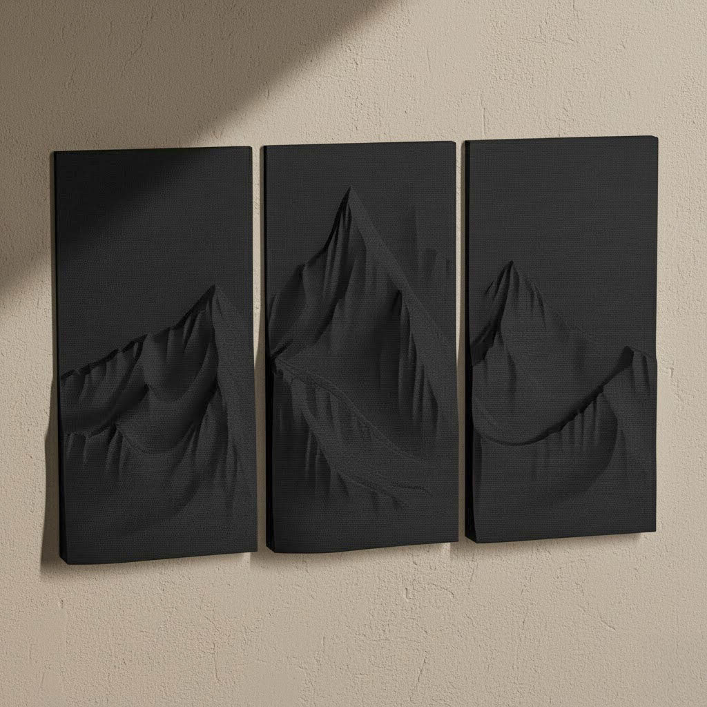 Minimalist Mountain Wall Art Triptych – “Whispers of the Peaks” Textured Neutral Canvas, Modern 3-Panel Landscape for Home or Office Decor