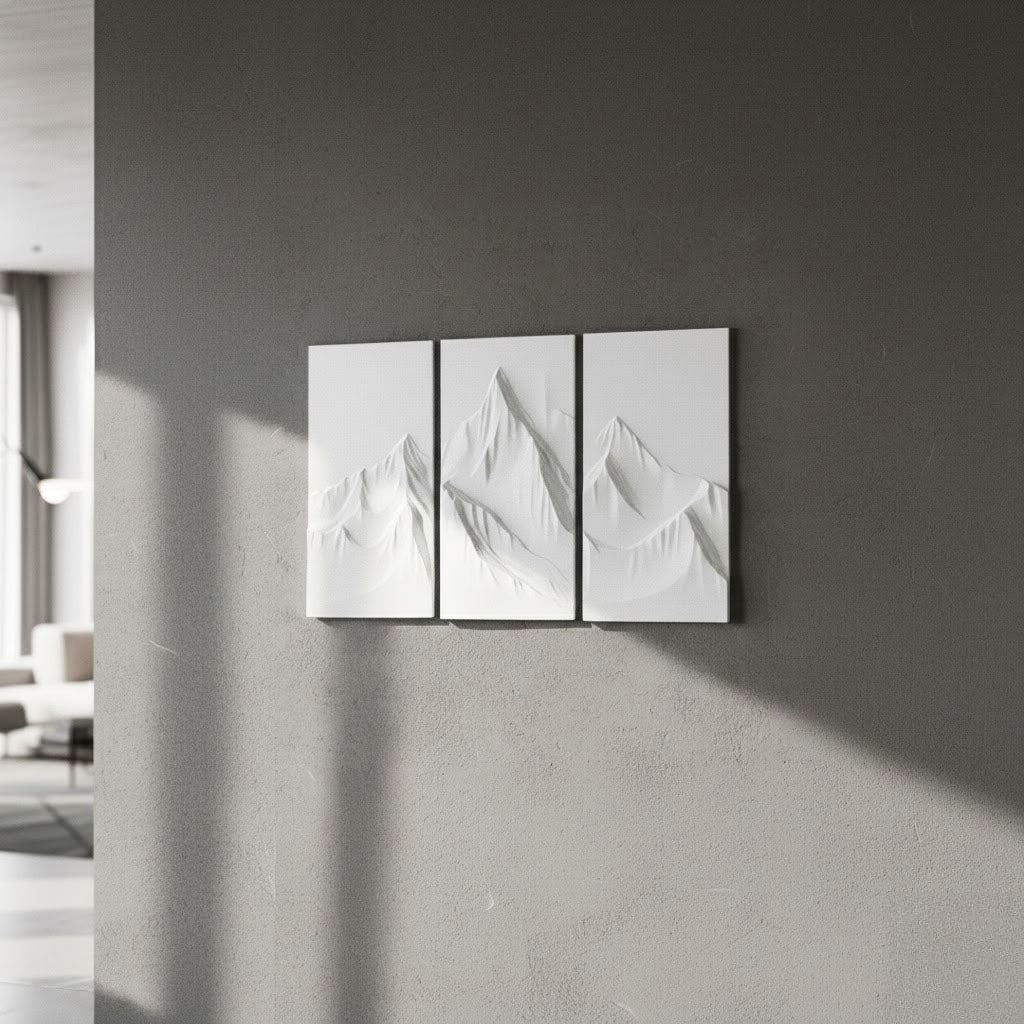 Minimalist Mountain Wall Art Triptych – “Whispers of the Peaks” Textured Neutral Canvas, Modern 3-Panel Landscape for Home or Office Decor